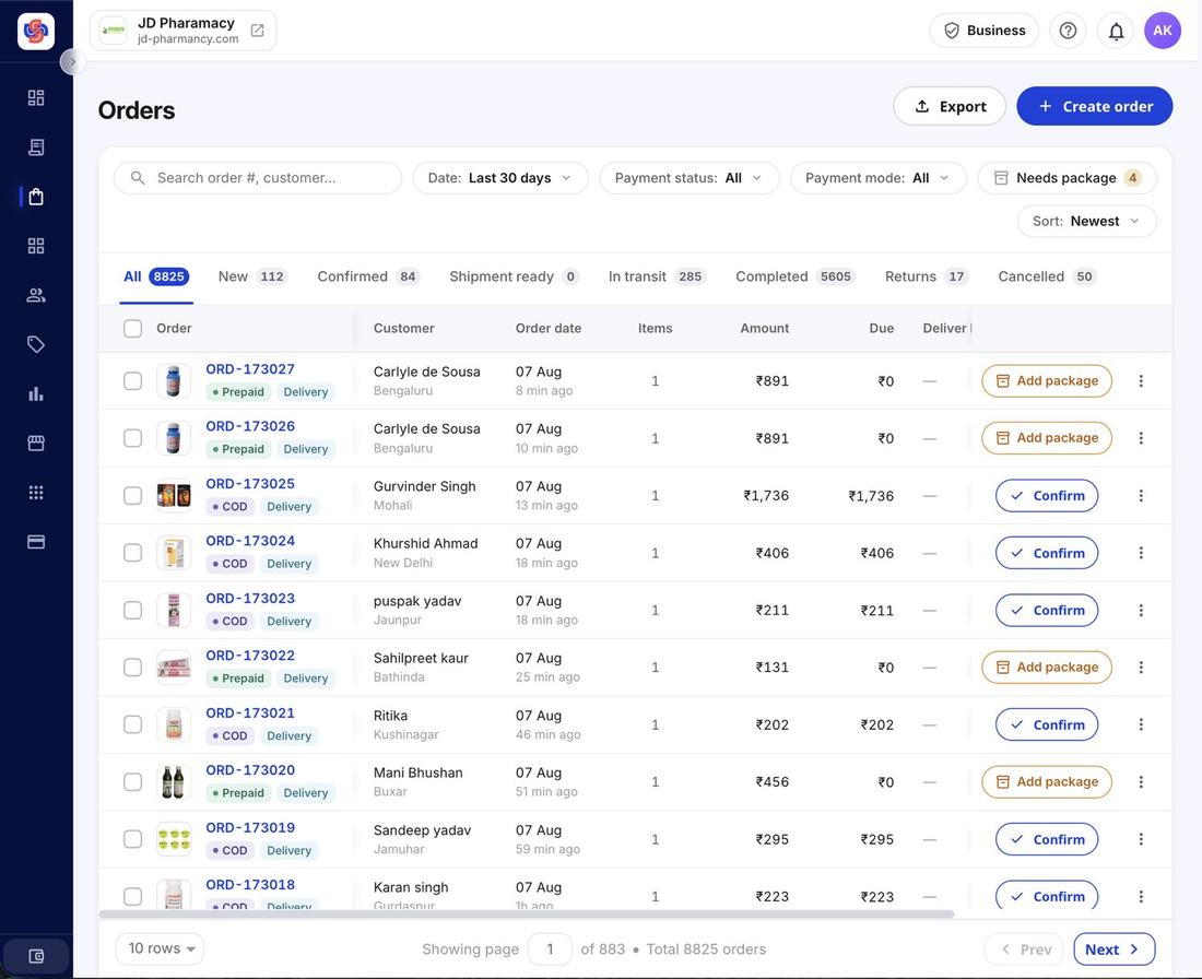 The Shoopy orders queue, showing live prepaid and cash-on-delivery orders with confirm and packaging actions
