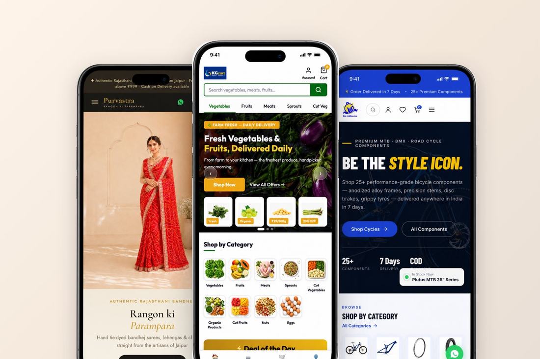Three branded Shoopy shopping apps side by side: an ethnic-wear boutique, a grocery store and a cycle-components shop, each in its own brand