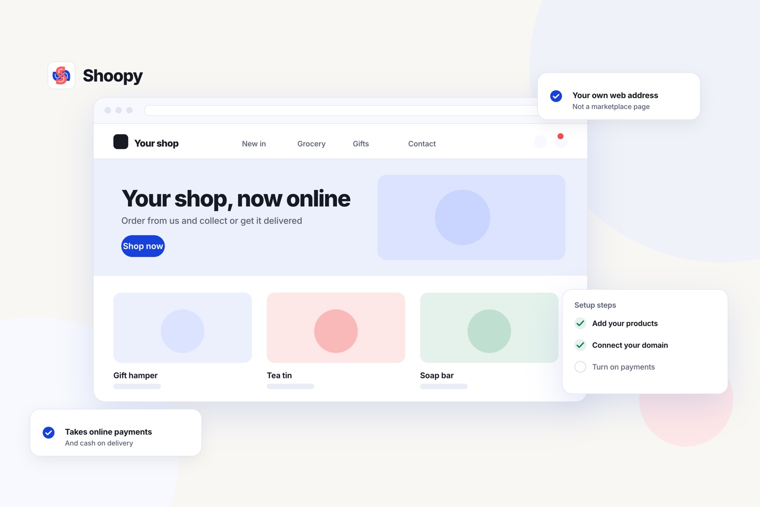A small shop storefront website with its product row and setup steps