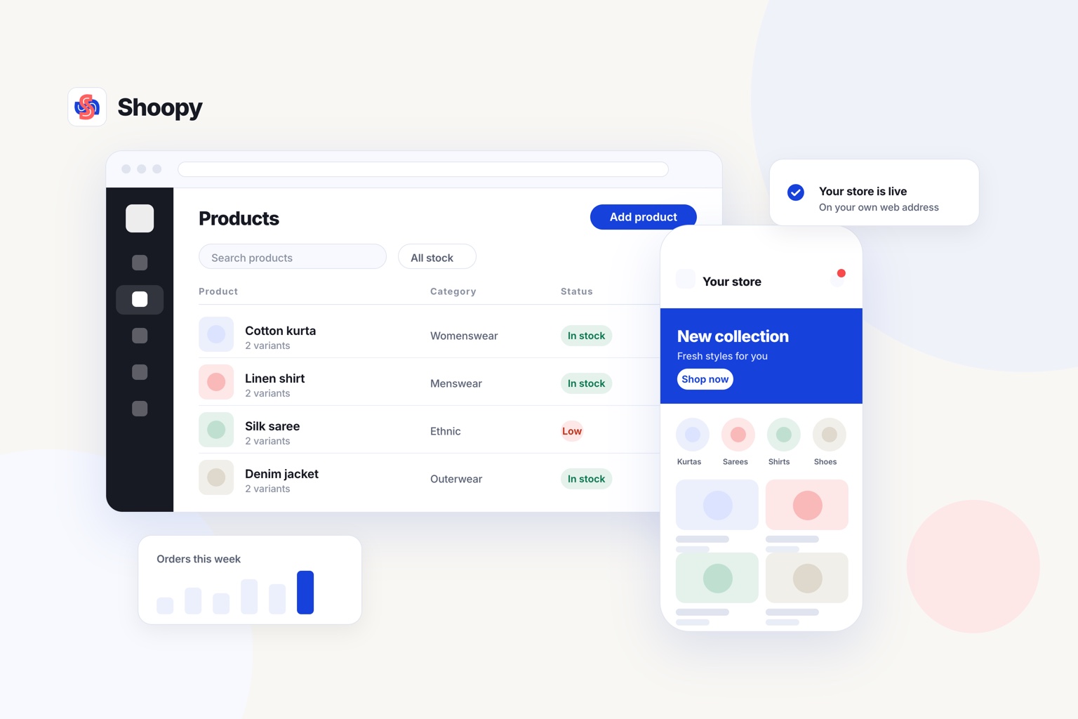 A product catalogue in the Shoopy admin, with the storefront on a phone