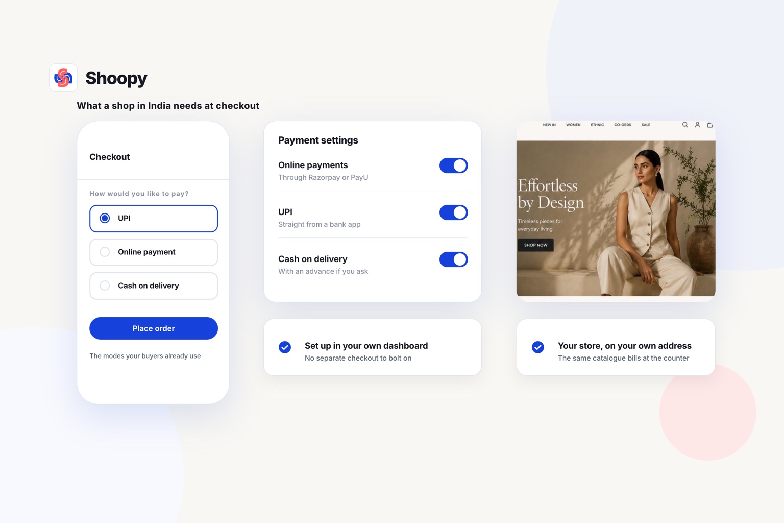 A checkout and its payment settings beside an online storefront