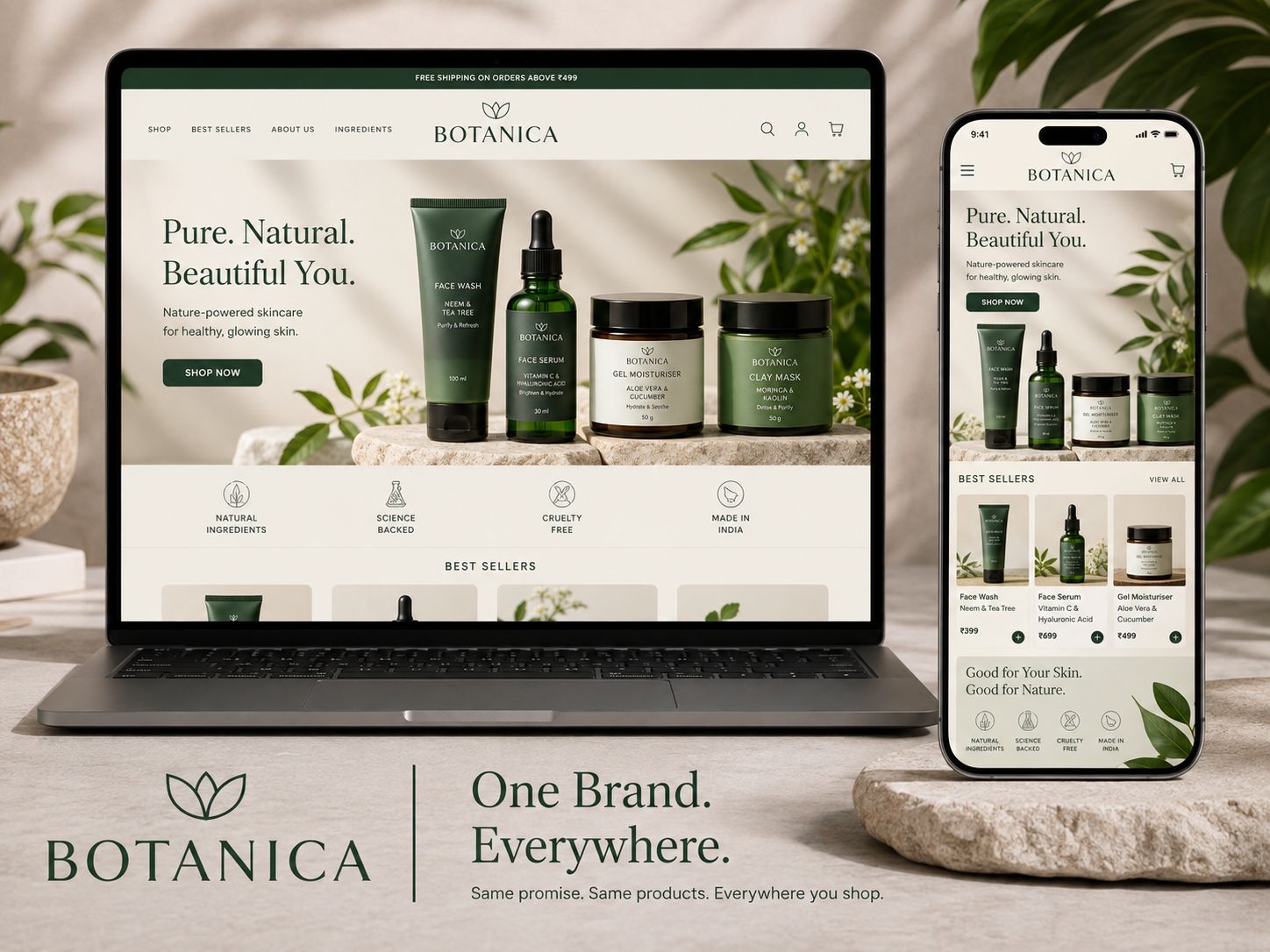 A D2C skincare brand's Shoopy storefront and branded app carrying the same products and branding