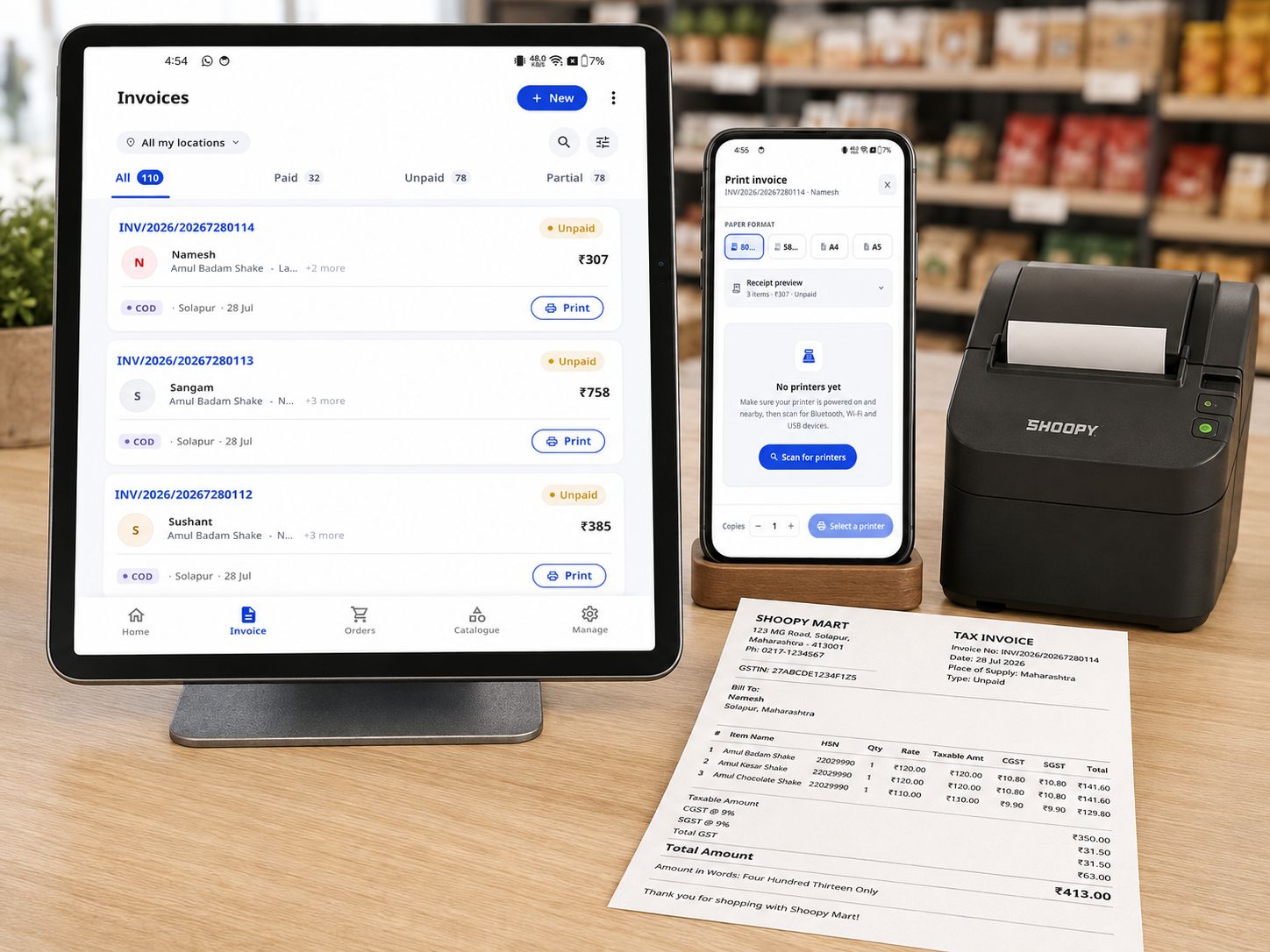 Shoopy invoices on a tablet and phone beside a thermal printer and a printed GST tax invoice with CGST and SGST split