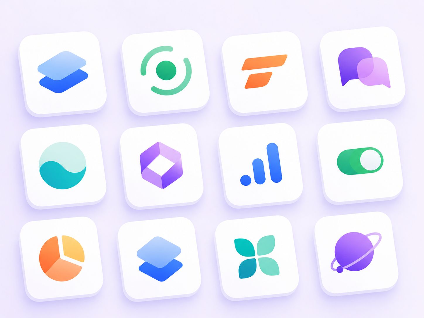 A grid of white rounded app tiles with colourful abstract icons, illustrating the Shoopy app store