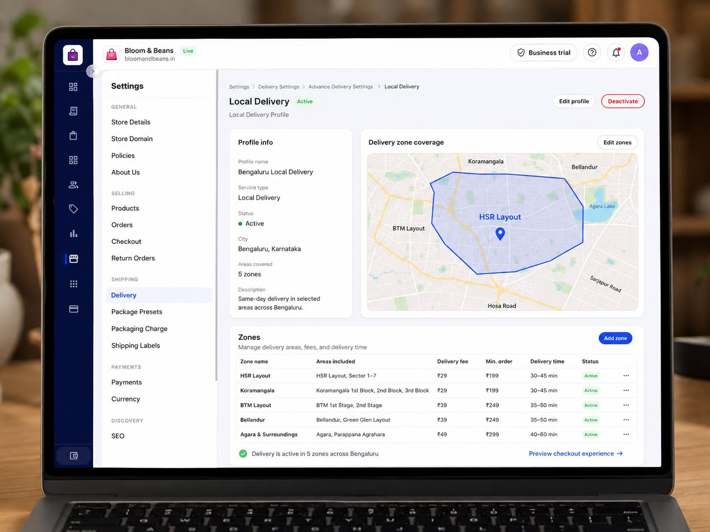 Shoopy delivery settings showing five active same-day delivery zones across Bengaluru with fees and delivery times