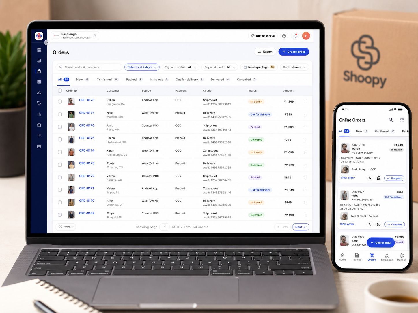 Shoopy orders list showing orders from the Android app, website and counter with courier tracking, on a laptop and phone
