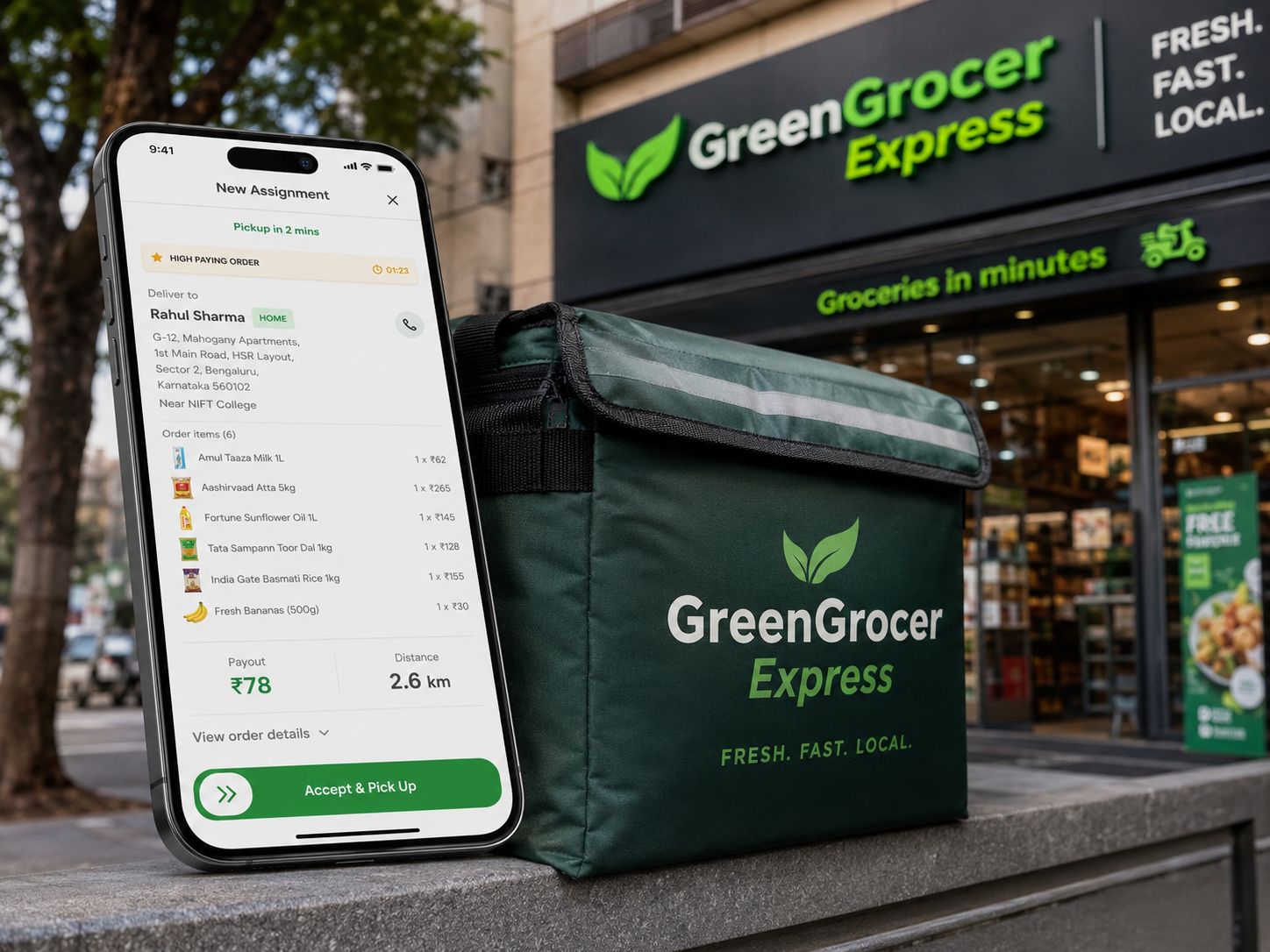 Shoopy rider app showing a new delivery assignment, next to an insulated delivery bag outside a grocery store