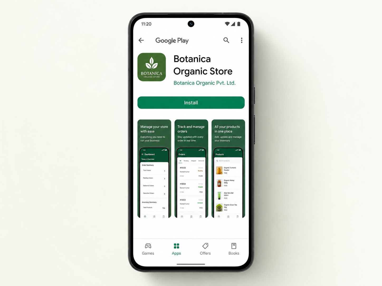 A merchant's own branded app, Botanica Organic Store, listed on Google Play under the merchant's name