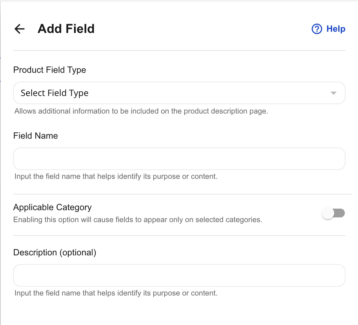 Add Field form with Product Field Type, Field Name, Applicable Category toggle, and Description fields