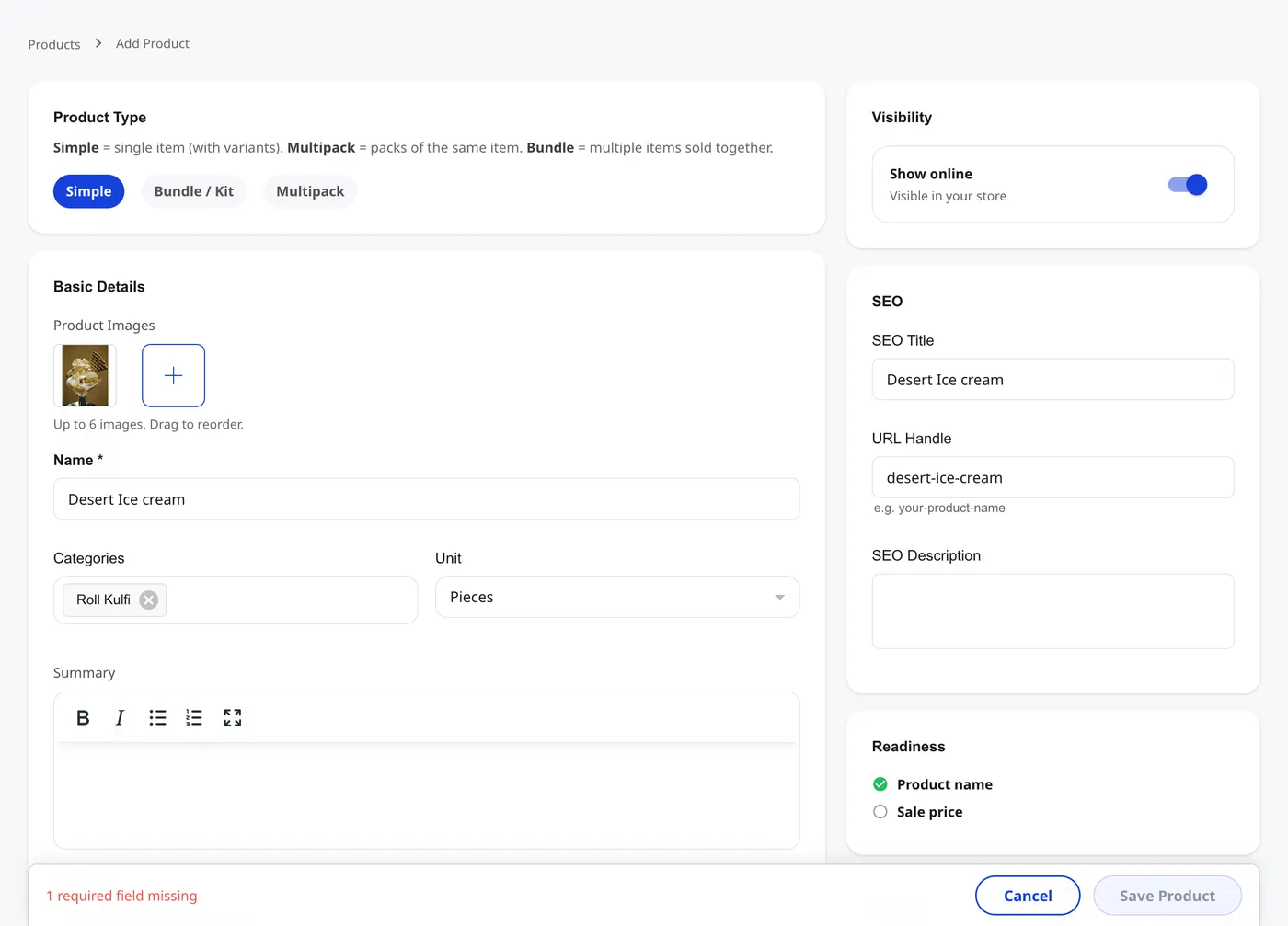Shoopy add product form showing Product Type tabs (Simple, Bundle / Kit, Multipack), Basic Details on the left with Name, Categories, Unit, and Summary, and Visibility, SEO, and Readiness cards on the right