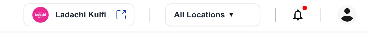 Shoopy admin header close-up with store switcher, location switcher, notifications bell, and profile avatar