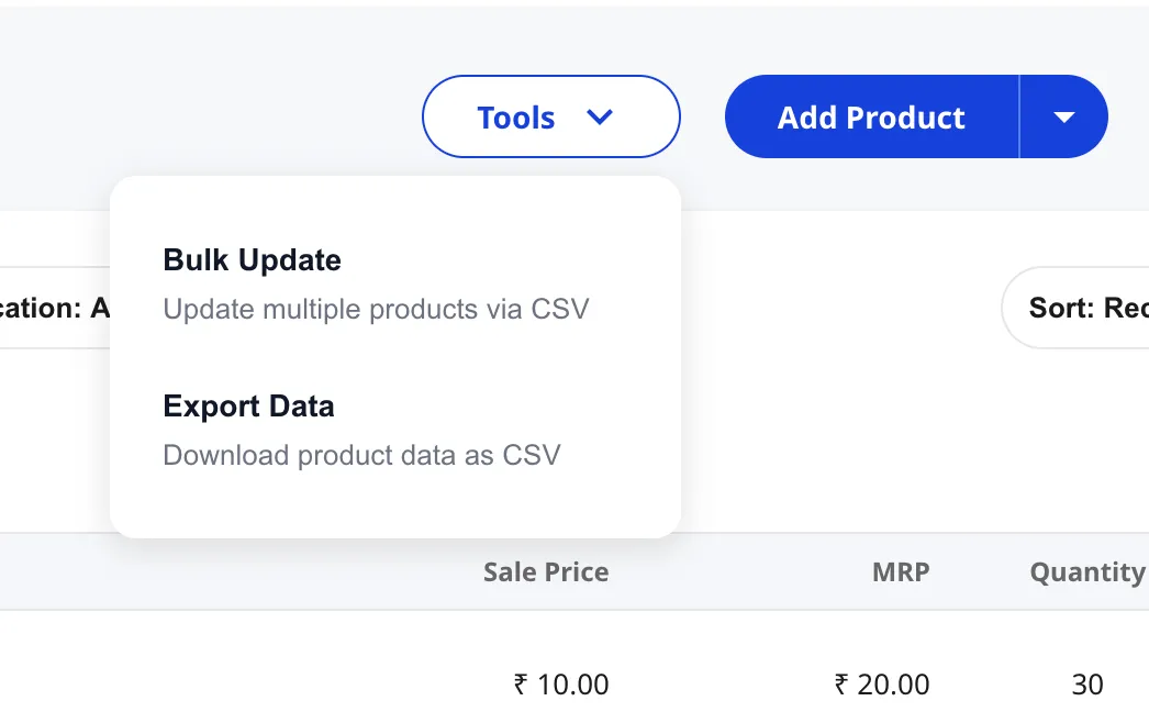 Shoopy Products list with the Tools dropdown open showing Bulk Update (Update multiple products via CSV) and Export Data (Download product data as CSV)
