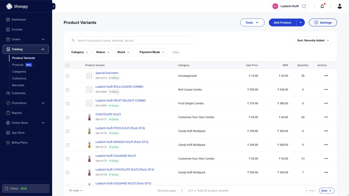 Shoopy admin sidebar showing Catalog expanded with the Categories item highlighted