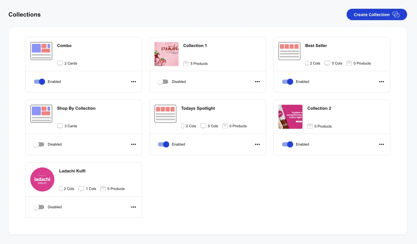 Shoopy collections page with multiple collection cards showing collection name, layout summary, and Enabled/Disabled toggle
