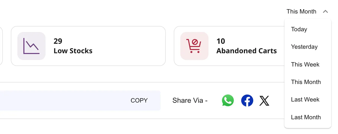 Shoopy dashboard date range dropdown expanded showing all six options — Today, Yesterday, This Week, This Month, Last Week, Last Month — with This Month selected