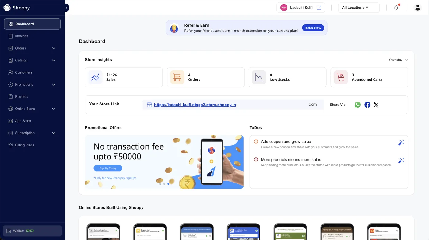 Shoopy home dashboard with four insight cards (Sales, Orders, Low Stocks, Abandoned Carts), the date-range dropdown, and the setup to-do list below