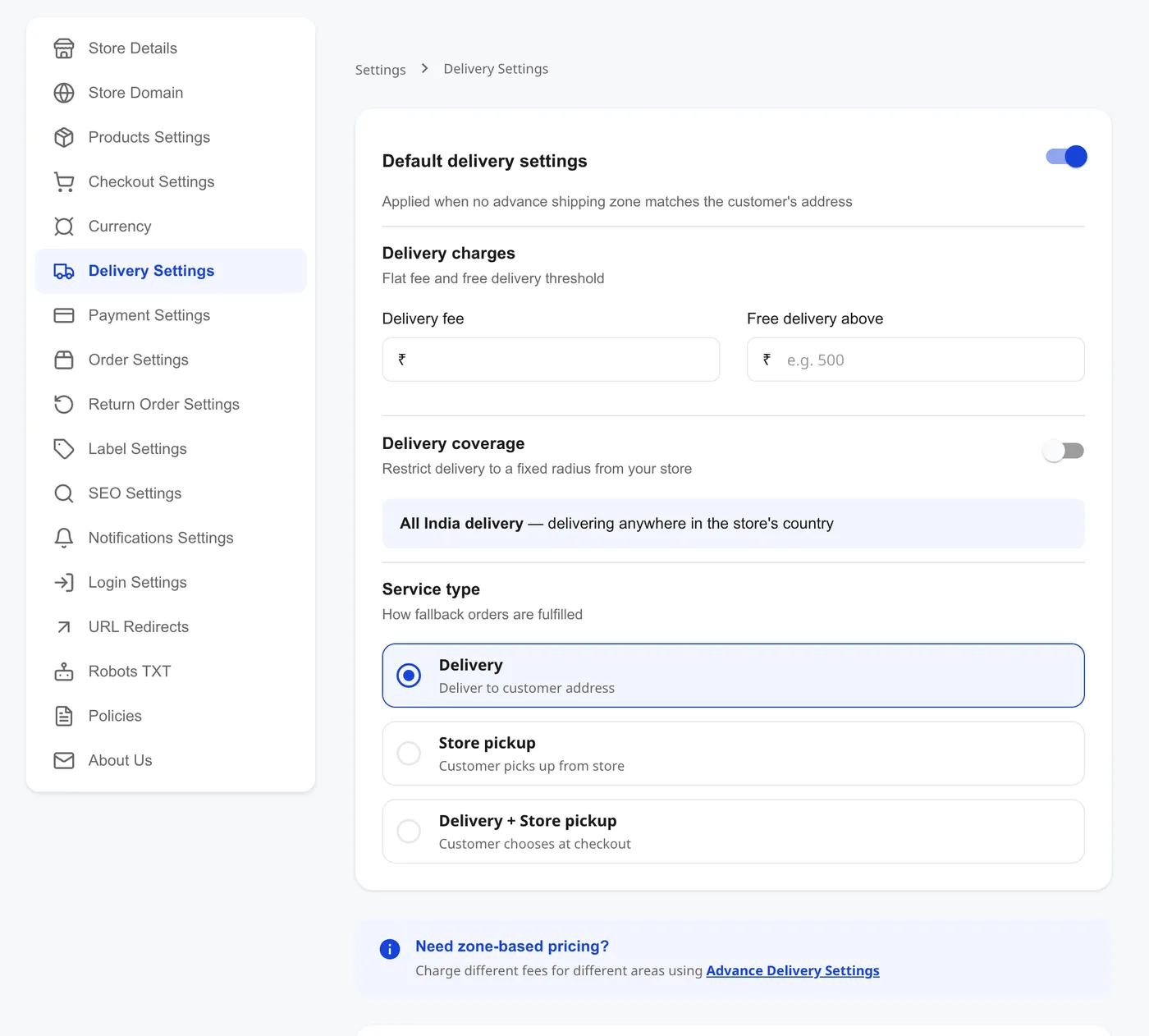 Shoopy Delivery Settings page showing delivery fee, free-delivery threshold, All India delivery coverage, and service type options to set up a Shoopy store delivery model