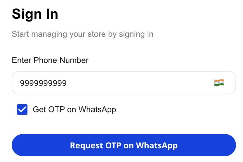Shoopy login form with the Get OTP on WhatsApp checkbox ticked and the Request OTP on WhatsApp button highlighted below the phone input