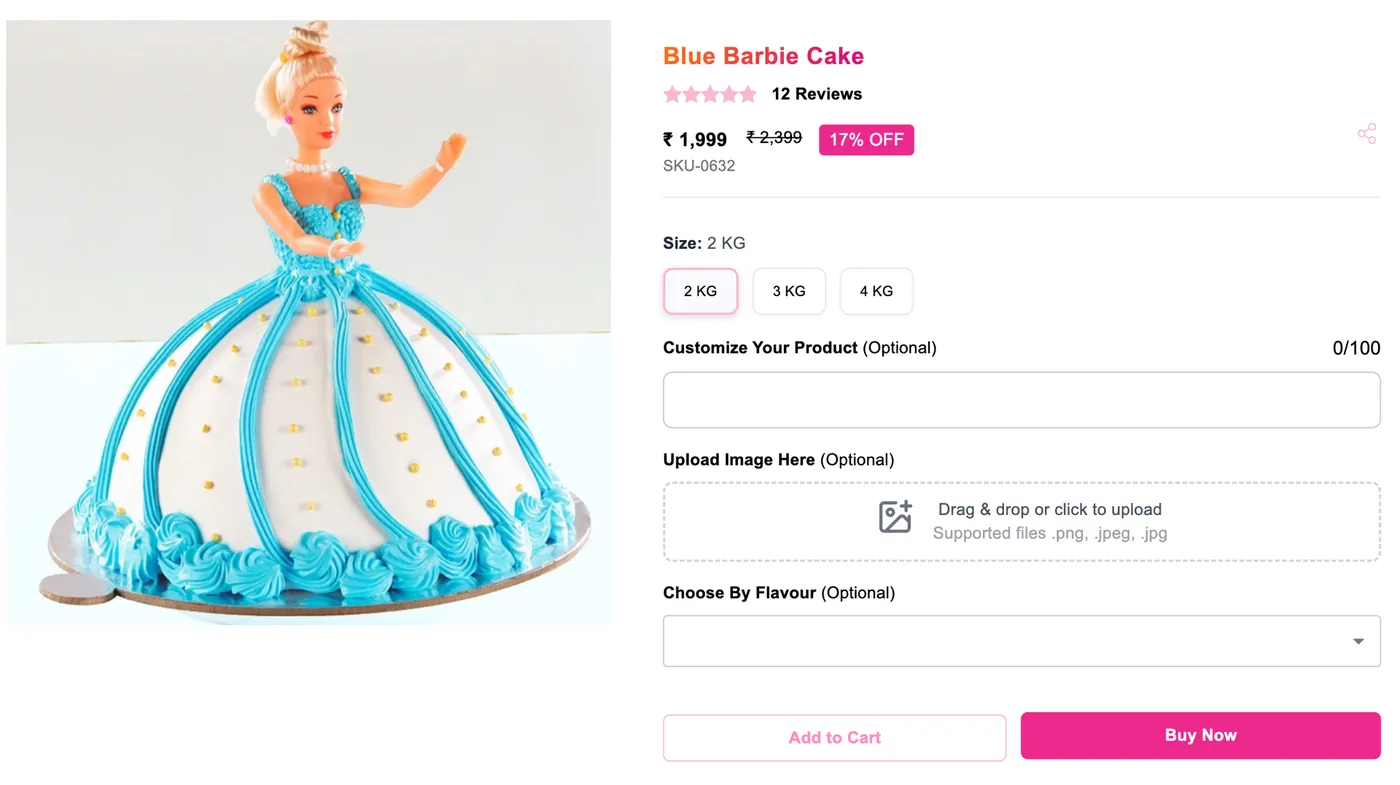 Storefront product detail page for a cake — Size variant chips (2 KG, 3 KG, 4 KG), a "Customize Your Product" text Checkout Field, an "Upload Image Here" file upload Checkout Field, and a "Choose By Flavour" list Checkout Field, all rendered above the Add to Cart and Buy Now buttons
