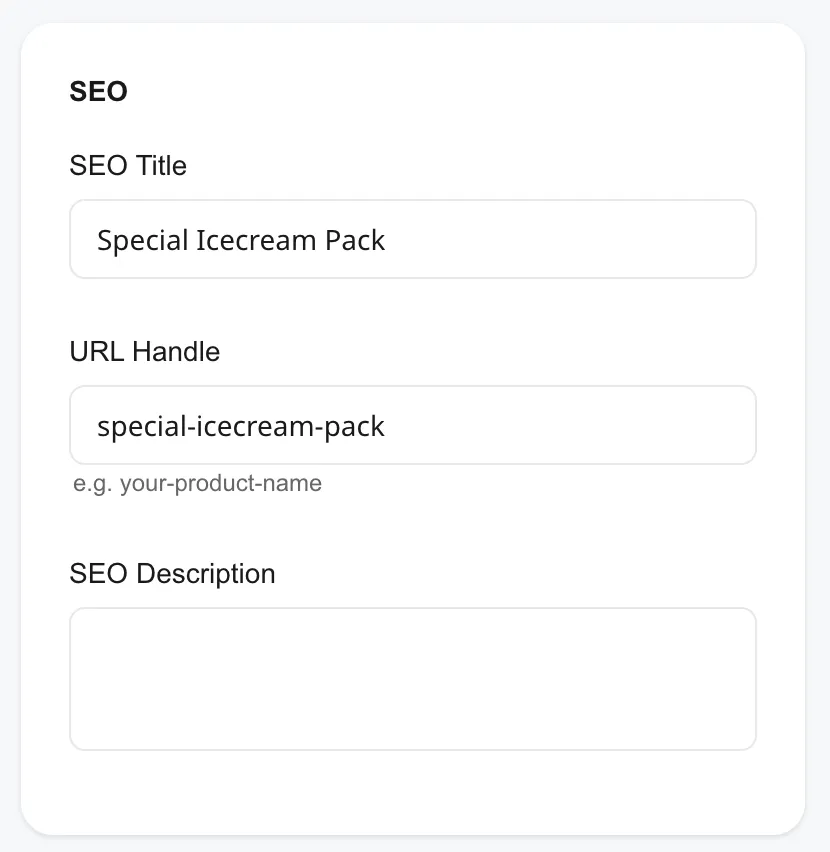 Shoopy SEO card on the product form showing SEO Title, URL Handle, and SEO Description fields
