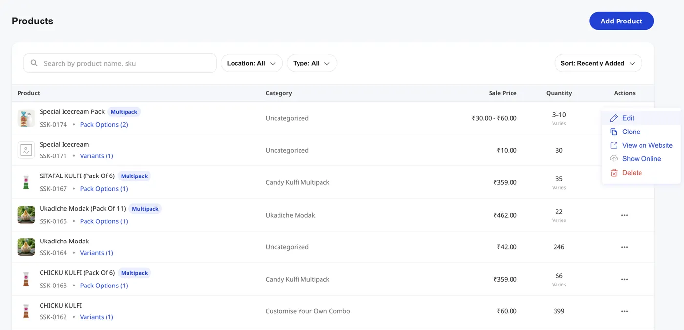 Shoopy Products list with the row action menu open showing Edit, Clone, View on Website, Show Online, and Delete options