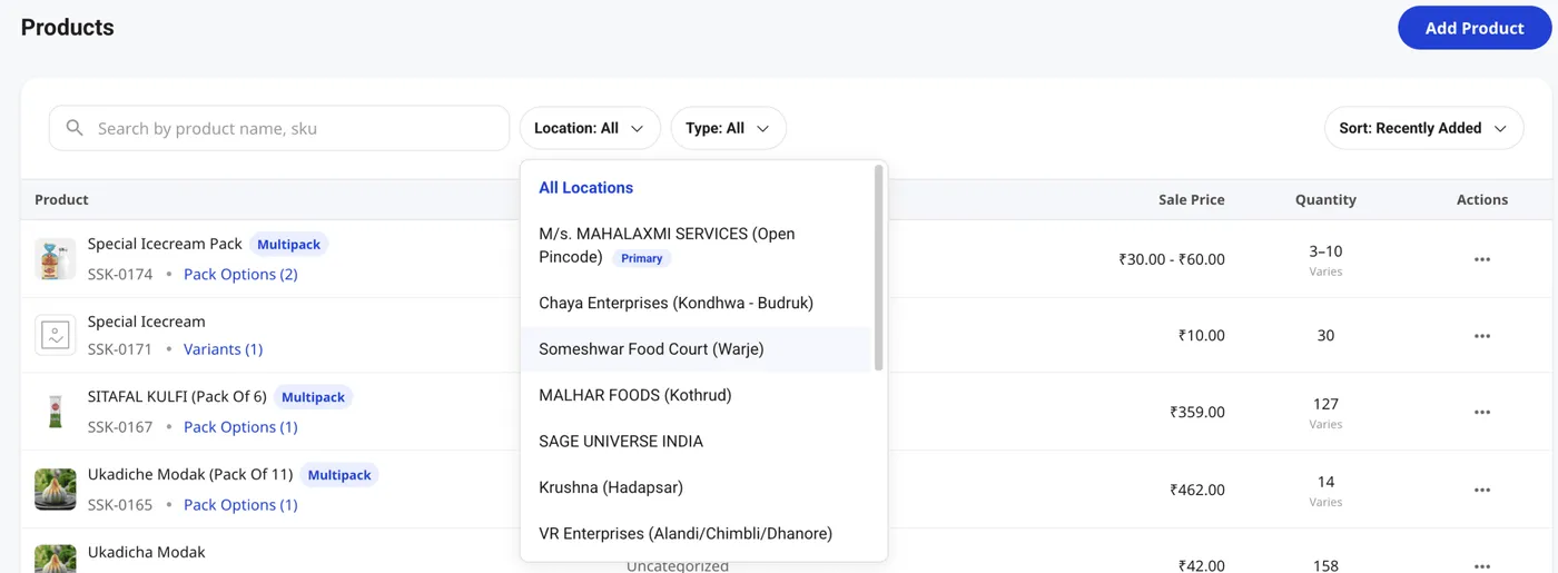 Shoopy Products list with the Location: All filter pill expanded showing a dropdown of store locations — All Locations, the Primary location, and additional store locations