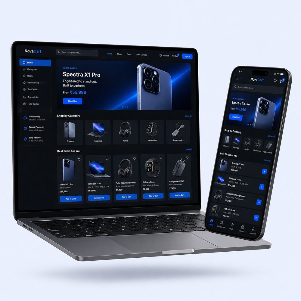 An electronics merchant's Shoopy storefront on the Aerion theme, with spec-forward product cards
