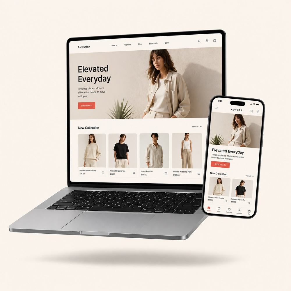 A fashion brand's Shoopy storefront on the Lumio theme, collection-first with editorial imagery