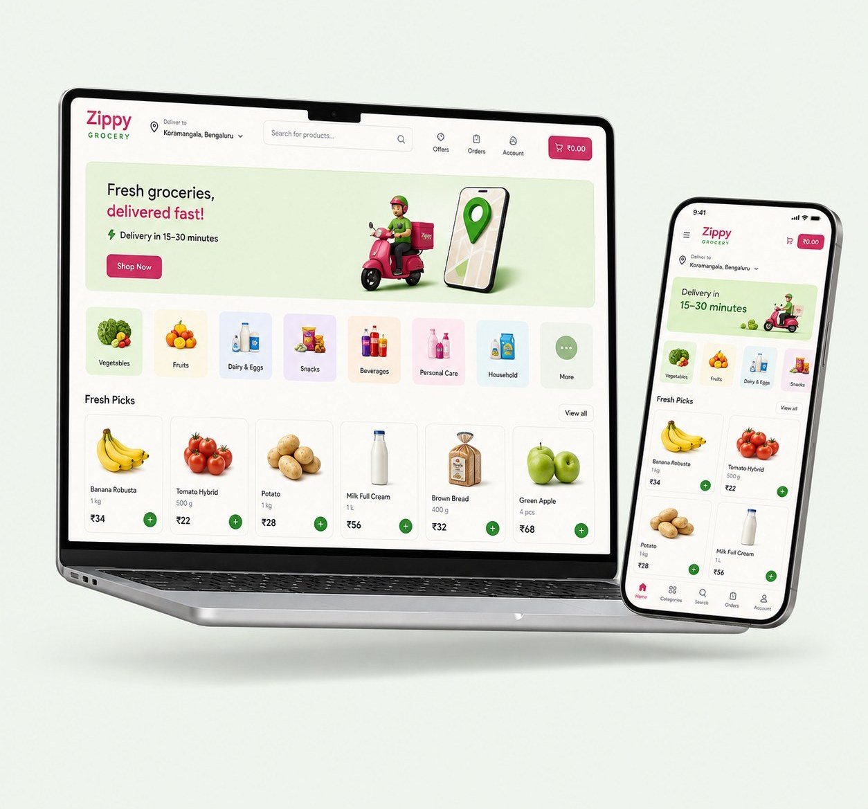 A grocery merchant's Shoopy storefront on the Zippy theme, category-first with quick-add buttons