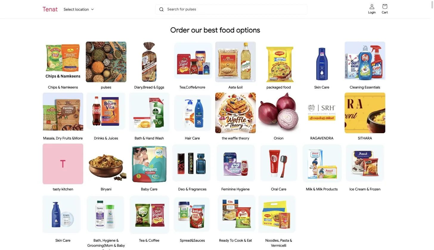 The live Tenat online store on a laptop: the location selector sits in the header next to the logo, above a category-first grid of groceries and daily essentials